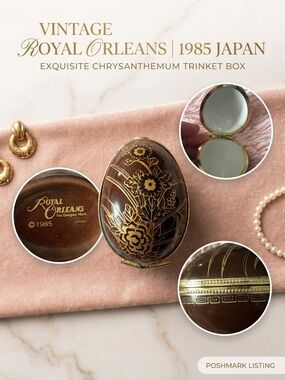 Vintage 1985 Royal Orleans Japan Gold Floral Egg Hinged Trinket Box